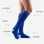 Bold royal blue custom soccer socks white toe panel detail showing reinforced toe box construction