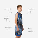 Back view of grey and blue youth boys basketball uniform showing player name and number placement above lightning storm print