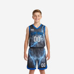Custom boys basketball uniforms in grey and royal blue lightning storm print, full set front and back view with team name and number 00