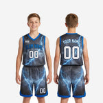Size and specification sheet for custom grey and royal blue boys basketball uniforms in full youth size run