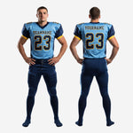 Size and specification sheet for custom light blue and navy American football uniforms available in youth and adult sizes