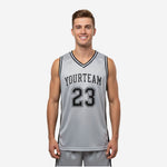 Breathable mesh custom grey basketball jerseys with black V-neck trim and black side panels, team name arched across chest and number 23 centered below