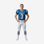 Breathable youth football uniforms in royal blue and white with black raglan shoulder panels, V-neck collar, and front number 3 on a youth football jersey with matching white pants and 3-stripe side panel