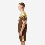 Custom soccer uniform kit in chocolate brown and gold mosaic pattern rear side angle