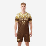 Custom brown and gold mosaic soccer uniform kit front view with team name and number
