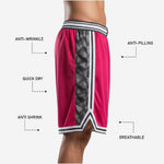 Red and black sublimated basketball shorts back view showing full-dye color and elastic waistband with horizontal stripe detail