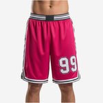 Bulk custom basketball shorts in red and black with geometric side panel, white-outlined number 99 on front thigh, and striped elastic waistband - front view