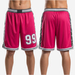 Custom basketball shorts size and specification sheet covering youth through adult sizing for full roster team orders in red and black