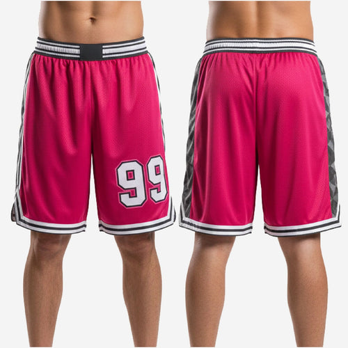Custom basketball shorts size and specification sheet covering youth through adult sizing for full roster team orders in red and black