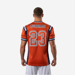 Back view of orange and navy full sublimation football jersey showing nameplate area and back number print zone