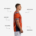Close detail of orange and navy football jersey with names and numbers showing V-neck collar band and white-outlined number finish