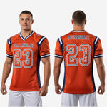 Size and specification sheet for custom bulk football jerseys in orange and navy showing youth and adult sizing run