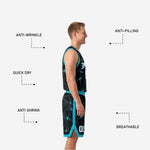 Back view of the black side reversible basketball jersey showing back number and name placement with teal geometric pattern