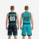 Size and specification sheet for the bulk reversible basketball uniform set in black and teal for youth and adult roster sizing