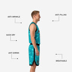 Back view of the teal side reversible basketball jersey showing back number and name placement with black geometric pattern