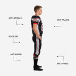 Back view of black and red custom youth American football uniform showing back number placement and silver shoulder panel design