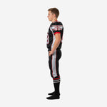 Right side view of custom youth football uniform set in black, silver, and red showing V-neck collar and full-length pant side panel