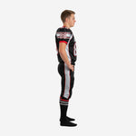 Side view of black and silver youth American football uniform showing wide silver side panel stripe on pants with red accent and sleeve panel detail