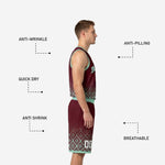 Back view of burgundy basketball uniform jersey and shorts showing back number placement and full geometric diamond fade from maroon into mint toward hem