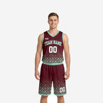 Burgundy basketball uniforms full set with mint geometric diamond fade pattern, arced team name and number 00 on front jersey and matching shorts front view