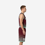 Custom sublimated burgundy basketball uniform front view showing mint V-neck binding, arced team name in mint lettering, and white front number on geometric lower panel