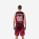 Back view of maroon and silver galaxy basketball uniform showing player name arc and back number on constellation print jersey