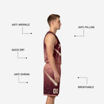 Back view of burgundy basketball uniforms showing back player name and number placement on maroon-to-rose gradient cosmic design