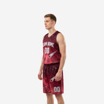 Opposite side view of custom burgundy basketball uniform set showing elastic waistband, drawcord shorts, and sublimated galaxy pattern