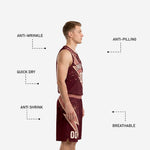 Back view of custom maroon basketball uniform showing player name and back number on deep burgundy sublimated jersey