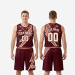 Size and specification sheet for custom burgundy basketball uniform set in youth and adult sizing