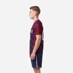 Custom soccer uniform right side view in burgundy and navy vertical stripe design