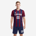 Custom burgundy and navy blue striped soccer uniform front view with team name and number