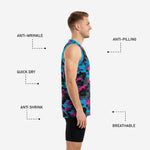 Back view of men's custom camo basketball jersey in black teal and pink with back number and player name placement