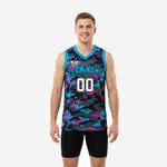 Custom camo basketball jerseys in black teal and pink pixel pattern shown front and back on adult male model