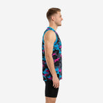 Front view of men's custom camo basketball jersey with teal V-neck binding and white front number 00 on black pixel-camo fabric