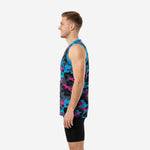 Left side view of black teal and pink pixel-camo sublimated basketball jersey showing armhole binding and straight hem