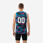 Right side view of custom sublimated camo basketball jersey in black teal and pink showing full side panel and vents