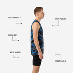 Back view of custom camo basketball jersey showing player name and back number placement on charcoal blue camo fabric