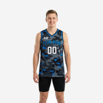 Custom camo basketball jerseys in charcoal and royal blue with team name arc on chest and white front number, front and back view
