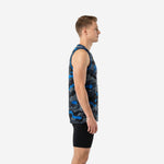Men's custom camo basketball jersey in charcoal black and blue full-body sublimation with V-neck blue binding and white player number 00