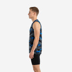 Side view of custom blue and gray camo basketball jersey showing athletic tuck-in length and armhole binding detail