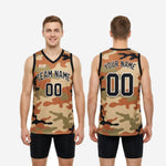 Camo basketball jerseys custom sublimated in tan rust olive and black with V-neck black binding team name arc and front and back numbers
