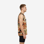Custom camo basketball jersey front view showing all-over desert camo pattern in tan and black with team name and number 00 on chest