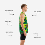 Back view of green and brown camo basketball jersey showing full sublimated camo pattern and back number placement
