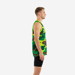 Green camo basketball jersey front view showing white number 00 and neon yellow-green arched team name across the chest