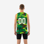 Opposite side view of custom camo basketball jersey displaying full camouflage print wrapping around the body panels