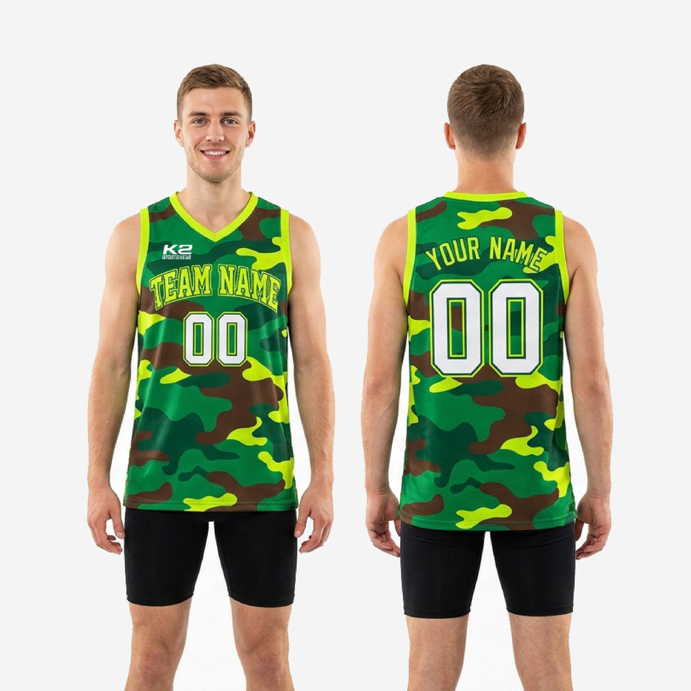 Neon Trim Custom Camo Basketball Jerseys - Green and Brown