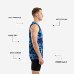 Back view of custom navy camo basketball jersey with player name and back number in cyan and white sublimated lettering