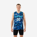 Front and back view of custom camo basketball jerseys in navy and cyan with lightning pattern and sublimated team name and number