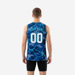 Opposite side view of navy and cyan digital camo basketball jersey showing full side panel lightning pattern detail